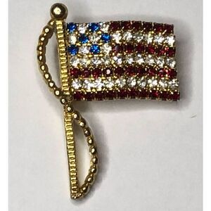 Beautiful Vintage Ralph Rafaelian American Flag Brooch Pin Brass Rhinestone